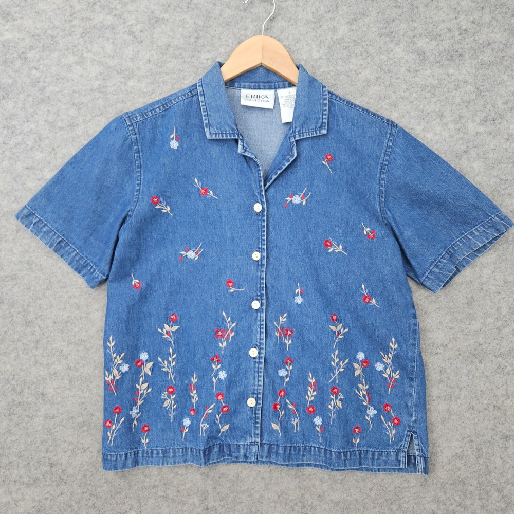 Erika Women's Blue Denim Button Up Shirt Size S Cotton Embroidered Short Sleeve